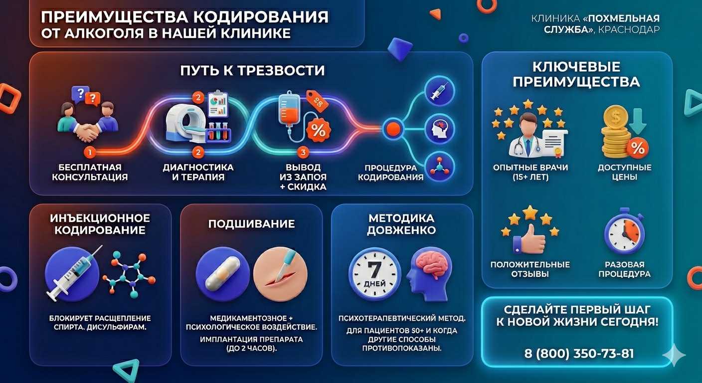 Инфографика о методах кодирования от алкоголя в Тарко-Сале: инъекции, подшивание, метод Довженко. Преимущества клиники и этапы лечения.
